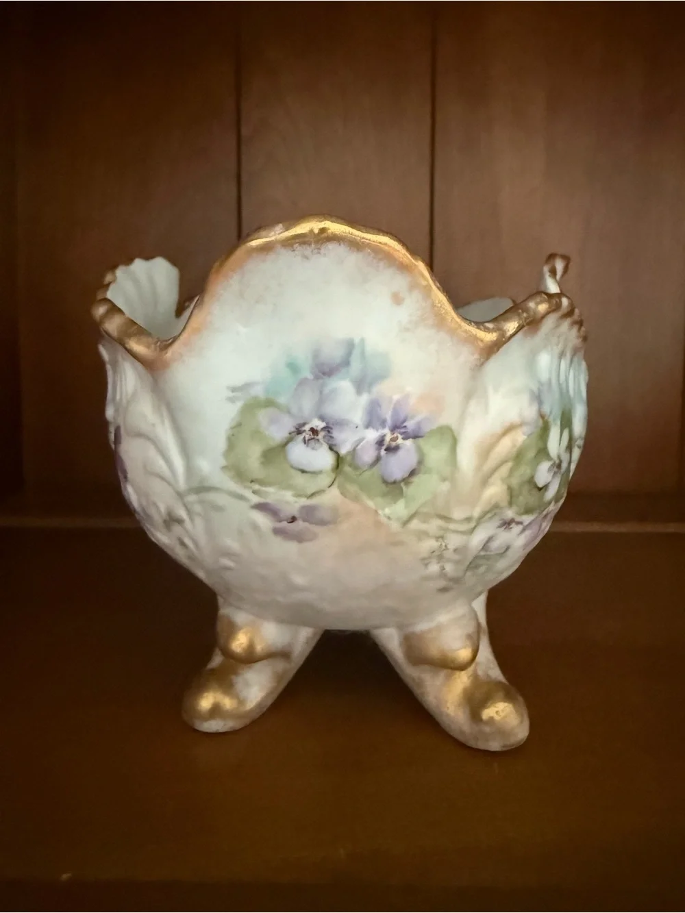 Antique French Limoges Hand-Painted Porcelain Floral Footed Bowl with Gold Trim